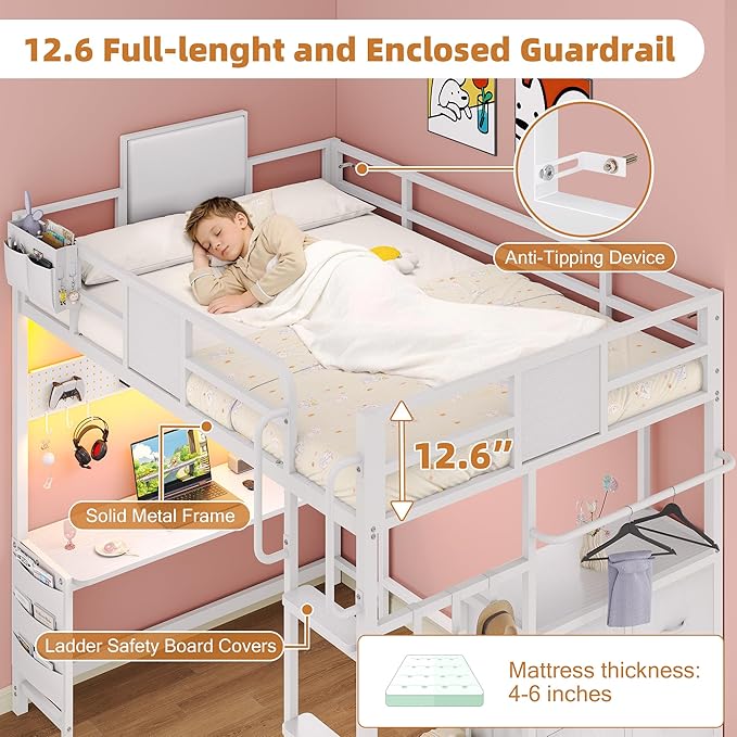 Dnxao Twin Size Loft Bed with Desk, Anti-Wobble Heavy Duty Metal Frame with DIY Pegboard & 6 Storage Drawers, LED Lights, Charging Station with Type-C, Space-Saving Workstation for Kids Teens, White
