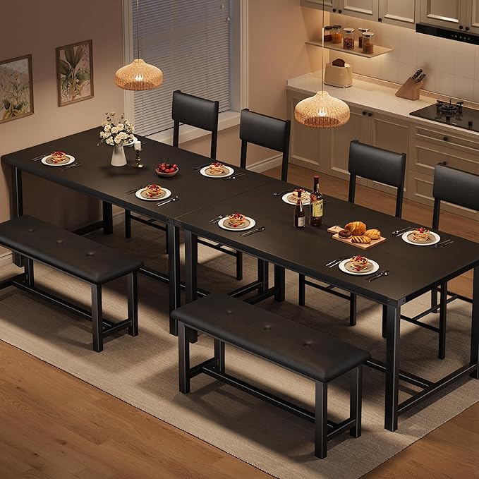 GarveeHome Dining Table Set for 4 with 2 Upholstered Chairs and Bench, 4 Piece Wood Kitchen Table Set for Small Spaces, Apartment and Dining Room, Retro Black