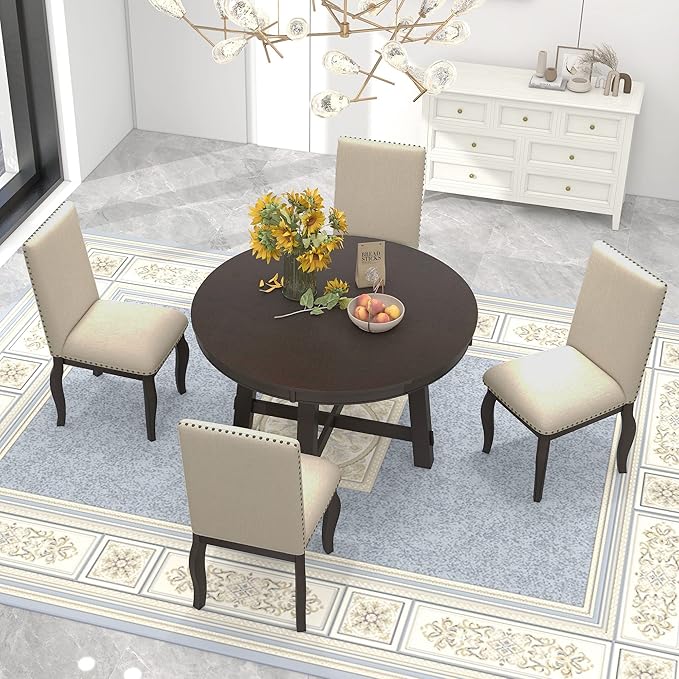 Harper & Bright Designs Farmhouse Extendable Round Dining Table Set, Round Wood Table with Shelf and Upholstered Chair Set Perfect for Family