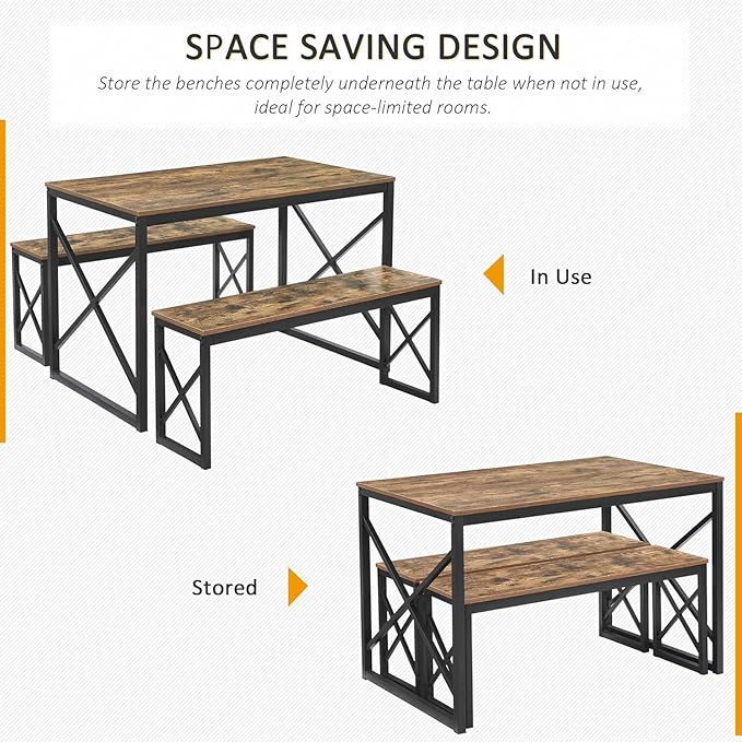 VECELO 43.3" Kitchen Dining Table Set for 4, Heavy-Duty Steel Frame & Wood-Grain Tabletop, Space-Saving Dinette Sets with 2 Benches for Breakfast Nook and Small Space, Brown