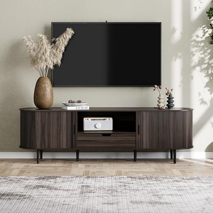 DHH 71" Fluted TV Stand with Power Outlet for TVs up to 80", TV Console with Adjustable Shelves and Sliding Door,Mid Century Modern Entertainment Center for Living Room,Bedroom (Dark Walnut, 71Inch)
