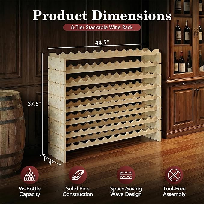 96 Bottles Stackable Modular Wine Rack, 8-Tier Wooden Wine Storage Rack Freestanding Wine Holder Display Shelves, Wobble-Free Shelves, Solid Wood
