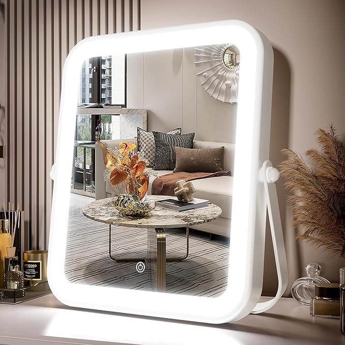 PRIMETEK Travel Makeup Mirror with Lights, Portable Small Beauty LED Vanity Mirror with Lights, Dimmable Touch Screen, Tabletop Folding Compact Mirror,Women Gift