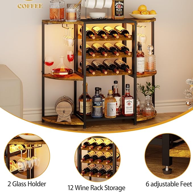 JKsmart Small Wine Bar Cart with LED Lights, Mini Wine Rack with Storage and Glass Holder, Home Bar Cart for Liquor, 3-Tier Bar Table for Kitchen, Dining Room, Living Room, Rustic Brown