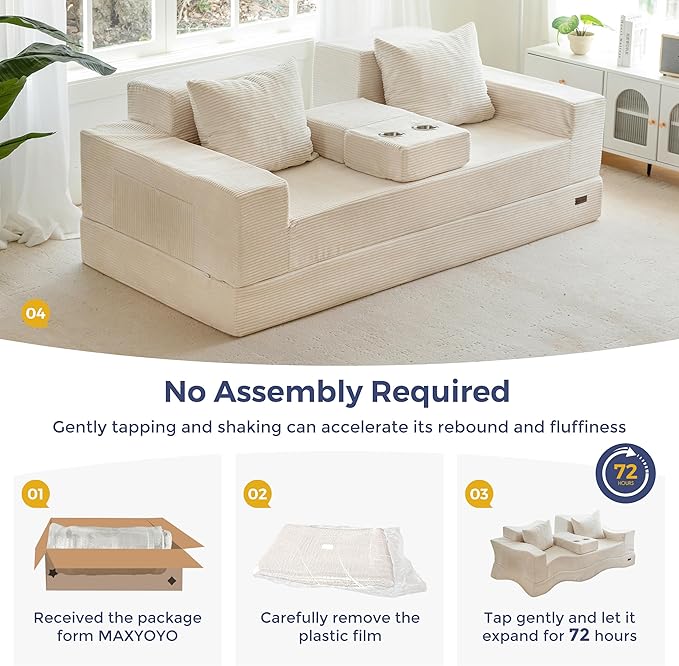 MAXYOYO Convertible Sofa Bed, 80" Oversized Boneless Loveseat Couch 4 in 1 Foldable Floor Sofa Couch in A Box with 2 Cup Holders, Folding Sleeper Chair for Living Room, No Assembly Required, Beige