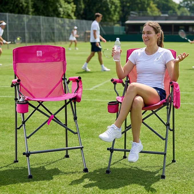 EVER ADVANCED Textilene Mesh Tall Camping Folding Chair 31", Portable Directors Chair, Bar Height Camping Chair with Carry Bag and Footrest, Armrest, Heavy Duty Supports 300 Lbs Pink