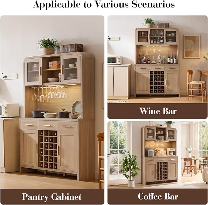 77" Tall Kitchen Pantry Cabinet with Charging Station, Kitchen Hutch Storage Cabinet with LED Lights, Wine Coffee Bar Cabinet with 24-Bottle Wine Rack for Kitchen Home Dining Room, Oak