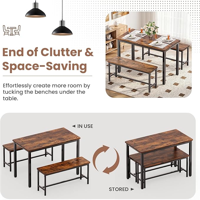 Dining Table Set for 4, Kitchen Table with 2 Benchs, Modern Functional 3-Piece Dining Room Table for Apartment Breakfast Nook and Samll Space, Brown