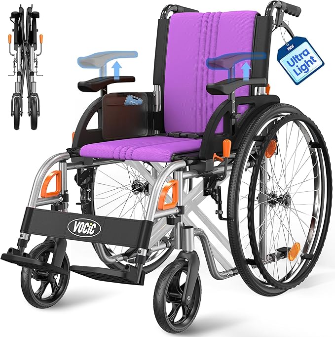 VOCIC Ultra Lightweight Wheelchair for Adults, 23lb Frame Portable Foldable Self-Propelled Wheelchairs for Seniors with Quick Release Wheels, Swing-Away Footrests,Flip-Back Arm, 300 lbs Purple