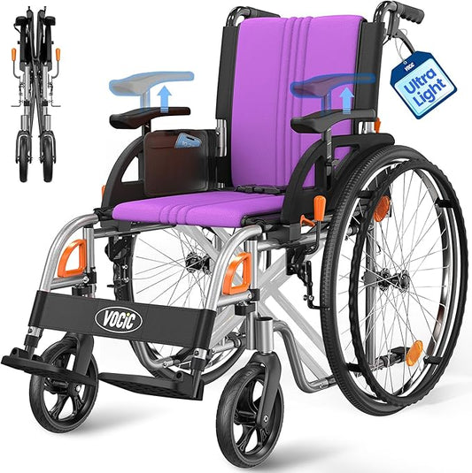 VOCIC Ultra Lightweight Wheelchair for Adults, 23lb Frame Portable Foldable Self-Propelled Wheelchairs for Seniors with Quick Release Wheels, Swing-Away Footrests,Flip-Back Arm, 300 lbs Purple