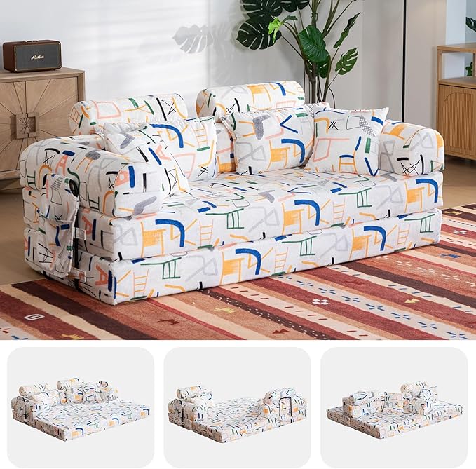 79" Convertible Boneless Couch for Small Spaces, 6-in-1 Corduroy Sofa Bed with High Backrest, Pillows, High-Density Foam Loveseat Sleeper Couch in a Box for Living Room, No Assembly, Graffiti C