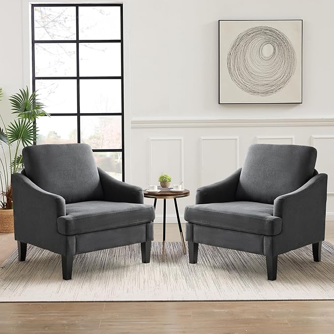 Bezseller Modern Accent Chairs Set of 2, Upholstered Reading Armchair with Wood Legs, Mid-Century Leisure Comfy Single Sofa Chair for Living Room, Bedroom, Home, Office, Dark Grey