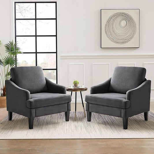 Bezseller Modern Accent Chairs Set of 2, Upholstered Reading Armchair with Wood Legs, Mid-Century Leisure Comfy Single Sofa Chair for Living Room, Bedroom, Home, Office, Dark Grey