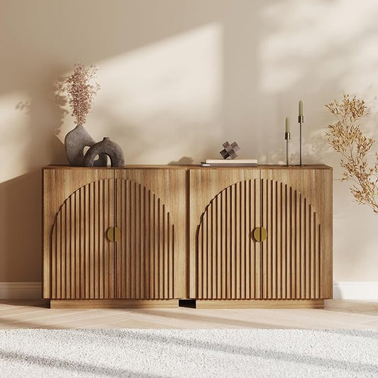 BELLEZE Set of 2 Modular Fluted Sideboard Buffet Cabinet with Storage, Mid-Century Modern Console Table with Symmetrical Arched Doors, Credenza for Dining Room, Kitchen and Living Room, Caramel Brown