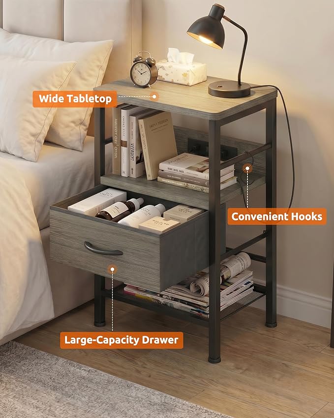 Lazzanto Nightstands Set of 2 with Charging Station, Bedside Tables with Open Shelf & Hooks, End Tables with USB-C USB-A Ports AC Outlets, Night Stand for Bedroom with Fabric Drawer, Grey