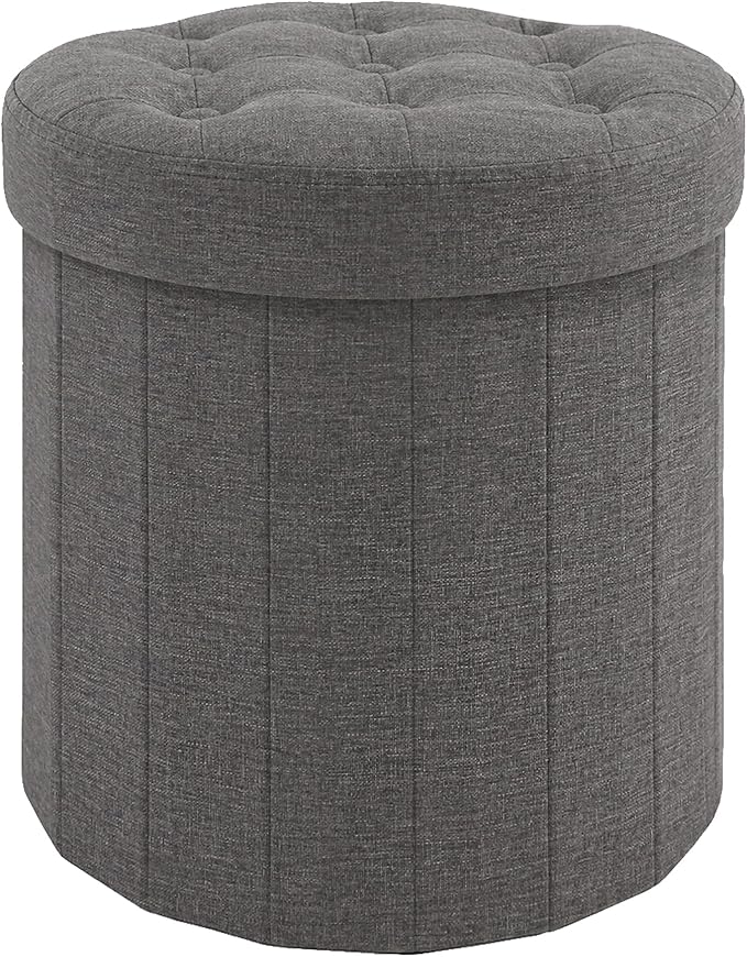 CAROLMADE Round Storage Ottoman,Linen Folding Footrest Stool with Thicker Foam Padded Seat,Versatile Vanity Stool for Living Room,Bedroom or Dorm,Grey