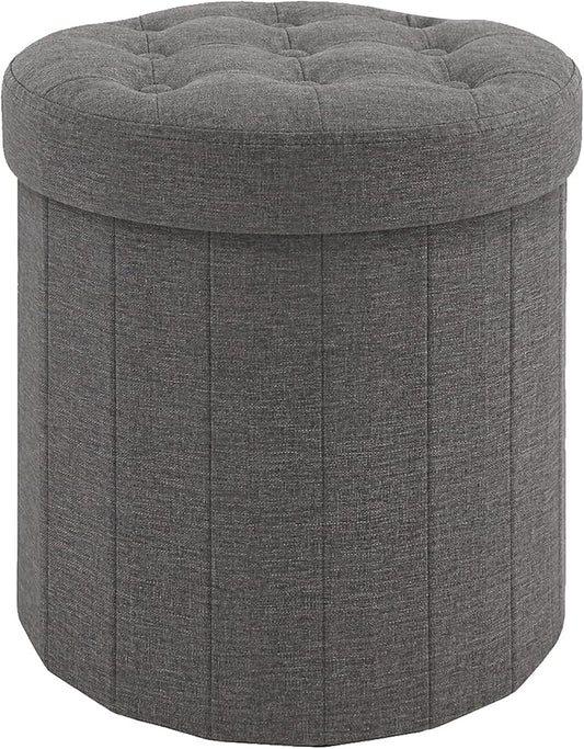 CAROLMADE Round Storage Ottoman,Linen Folding Footrest Stool with Thicker Foam Padded Seat,Versatile Vanity Stool for Living Room,Bedroom or Dorm,Grey