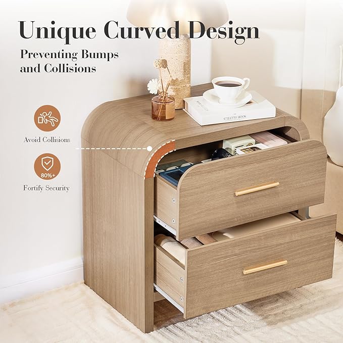 Night Stand Set of 2 [Unique Curved Profile] [FSC-Certified Wooden Board] 2-Drawer Nightstand 24" H Metal Handle Modern Sturdy Bedside Table Side Table End Table