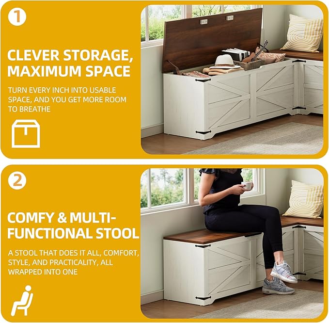 DWVO L-Shaped Storage Bench, 18" High Corner Dining Bench with Safety Hinges, Wooden Nook Chest for Living Room, Bedroom