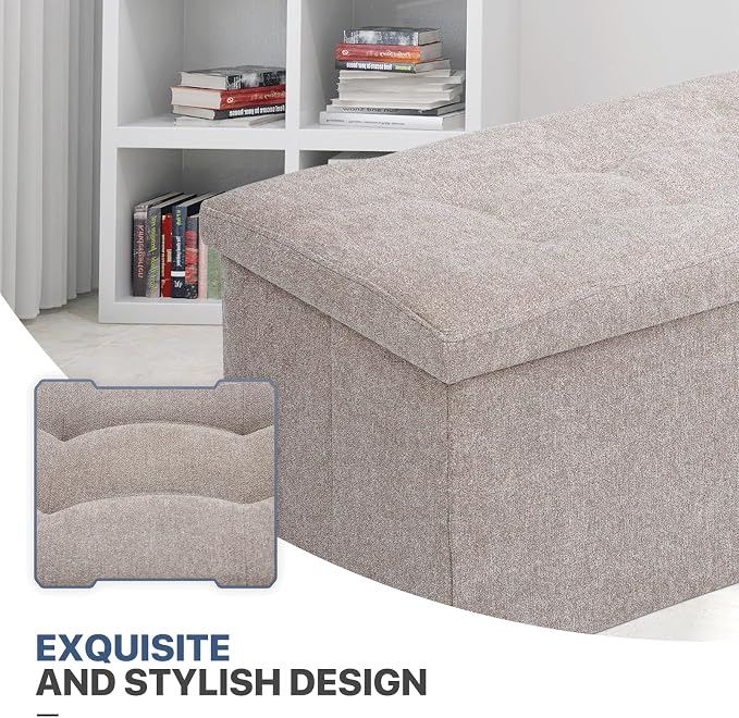 MoNiBloom 30 Inches Storage Ottoman Bench, Rectangle End of Bed Bench, Storage Padded Seat, Linen Fabric Ottoman Footrest for Living Room, Bedroom, Entryway, Sandy Beige