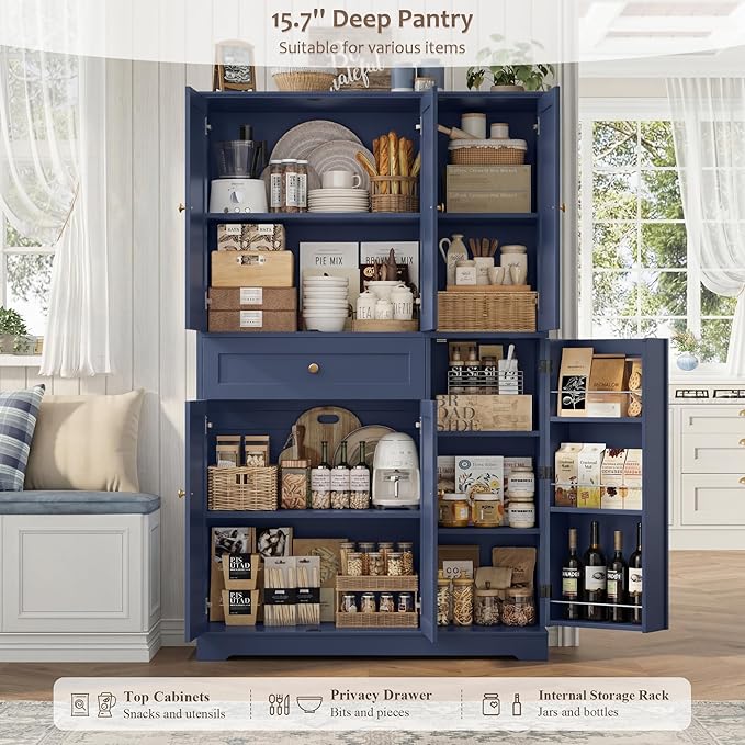 HOSTACK 68" Tall Kitchen Pantry Storage Cabinet, Modern Kitchen Hutch Cabinet with Doors and Shelves, Freestanding Food Pantry with Large Storage Drawer for Dining Room, Living Room, Navy Blue