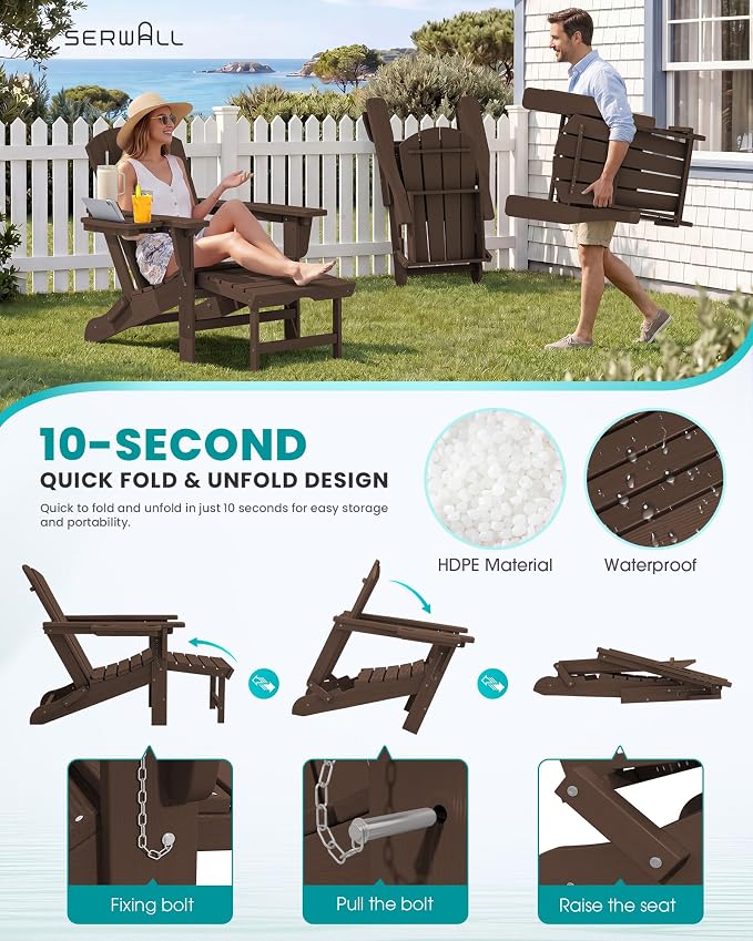 SERWALL Folding Adjustable Adirondack Chairs with Footrest Set of 2, HDPE Outdoor Chair with 4-in-1 Cup Holders, All Weather Adirondack Chair with Ottoman, Coffee