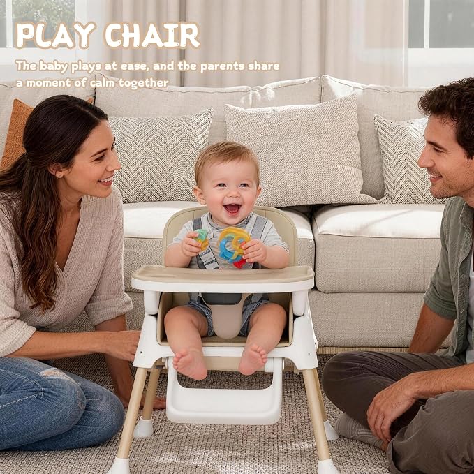 4 in 1 Baby High Chair for Babies and Toddlers, Foldable & Portable Convertible Booster Seat, Adjustable Tray & Footrest, Lightweight, Stable, Easy to Clean, Khaki