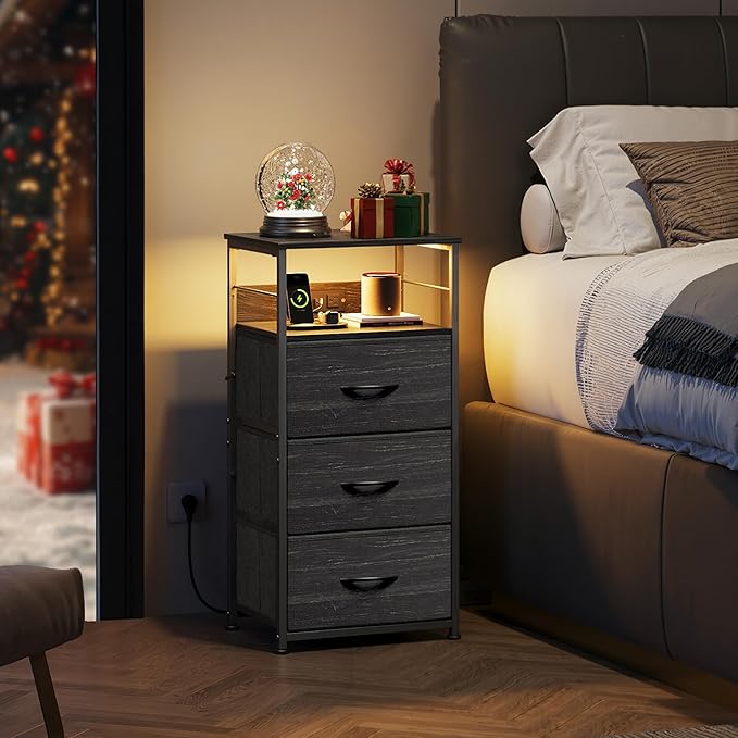 WLIVE Nightstand with Charging Station, 31.9" H Nightstand with 3 Fabric Drawers, LED Bedside Table with USB Ports and Outlets, End Table for Dorm, Bedroom, Entryway, Charcoal Black Wood Grain Print