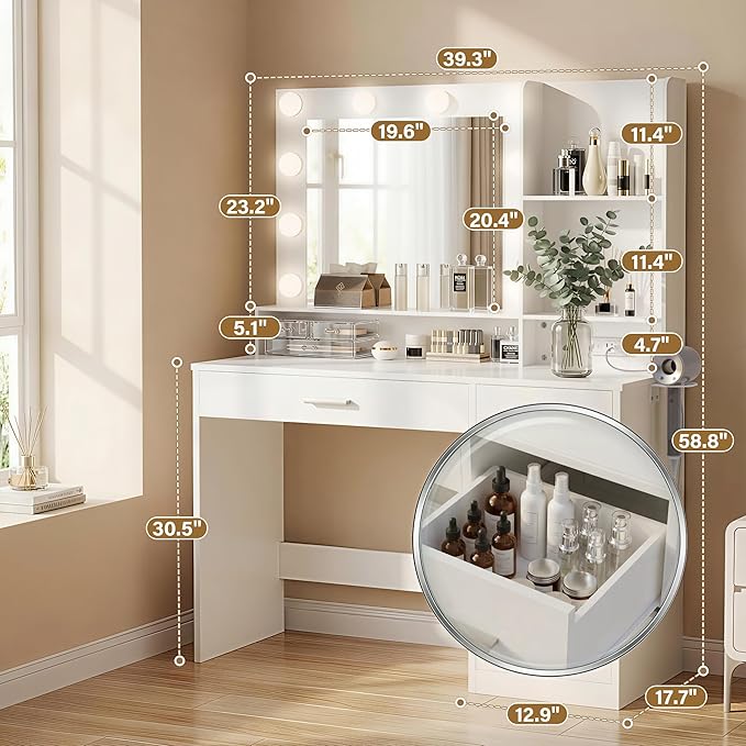 YESHOMY 39" Vanity Desk with Mirror & Lights, Makeup Vanity Table with Power Outlet & Storage Drawers, 3 Color LED Lighting, Dressing Table for Bedroom,Snow White