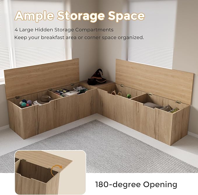 Mekminop Kitchen Breakfast Nook Bench, Backless Wood Corner Bench with Cushion Seat, L Shape Dining Bench with Hidden Storage Space, Natural Oak