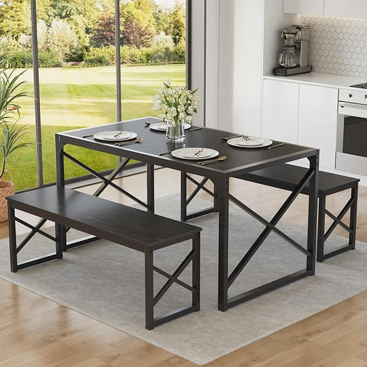 VECELO 55” Kitchen Dining Table Set for 4, Heavy-Duty Steel Frame & Wood-Grain Tabletop, Space-Saving Dinette Sets with 2 Benches for Breakfast Nook and Small Space, Black