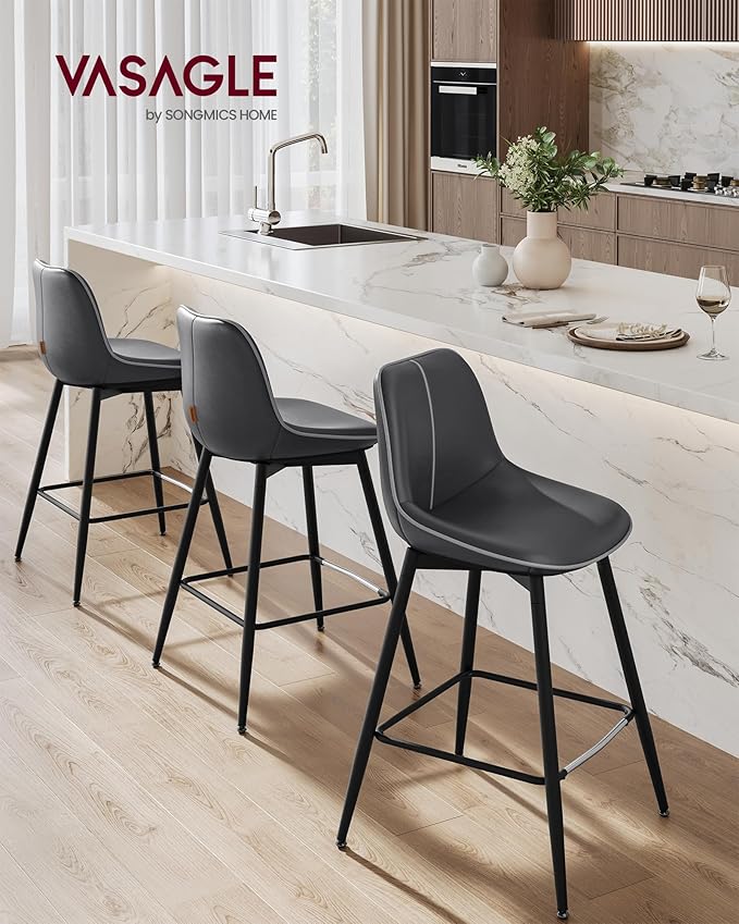 VASAGLE Bar Stools Set of 4, Counter Height Bar Stools with Back, Ergonomic Backrest, Synthetic Leather, Metal Legs, 24.8-Inch Tall Barstools for Kitchen Island Home Bar, Easy Assembly, Ink Black