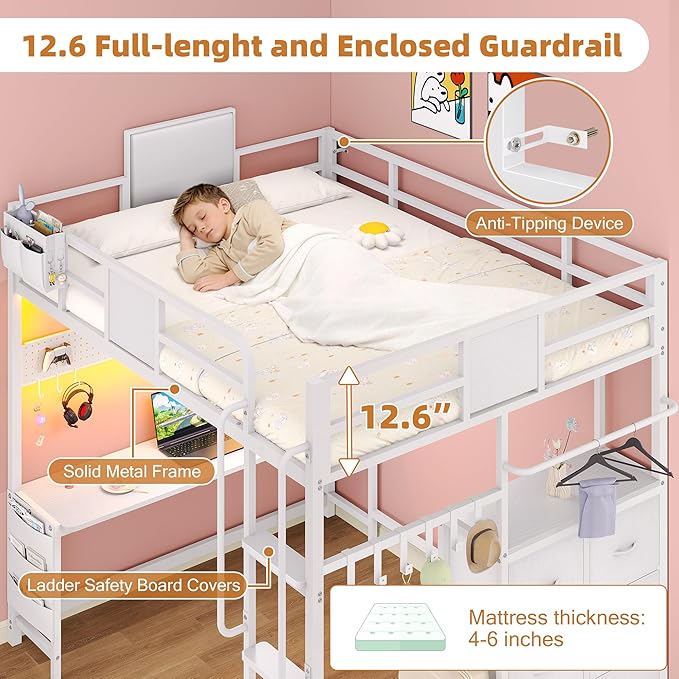 Dnxao Full Size Loft Bed with Desk, 900 lbs Heavy Duty Metal Bed Frame for Adults & Teens, 6 Storage Drawers, Power Outlet with Type-C, LED Lights, Integrated Study Workstation for Small Room, White