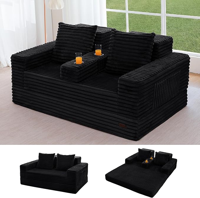 MAXYOYO Loveseat Sofa Bed, Striped Faux Fur Foldable Floor Sofa Couch in A Box, 4 in 1 Convertible Boneless Couch with 2 Cup Holders, Folding Recliner Sleeper Chair, No Assembly Required, Jet-Black