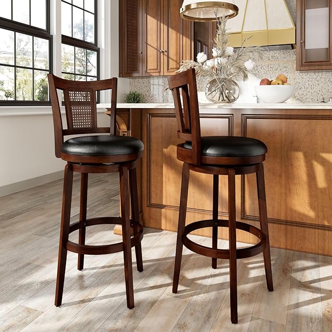 Sophia & William Swivel Bar Stools Set of 2, Bar Height Barstools with Backrest & Solid Wood Legs, Brown Faux Leather Kitchen Stools, 30 Inch
