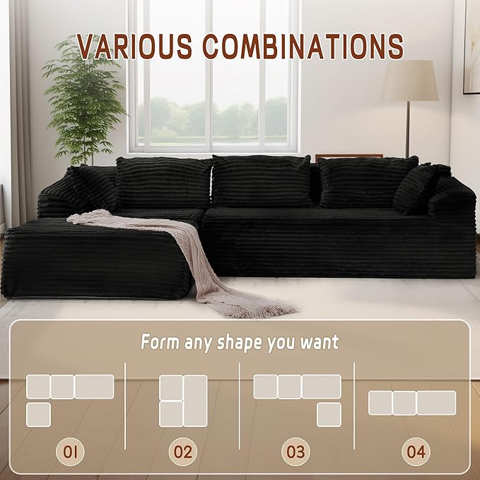 Korser 110" L-Shaped Modular Sectional Sofa with Chaise, Boneless Comfy Corduroy Fluffy Couch with Deep Seat and Side Pockets, Flexible Module Combination for Living Room, No Assembly, Side Pockets
