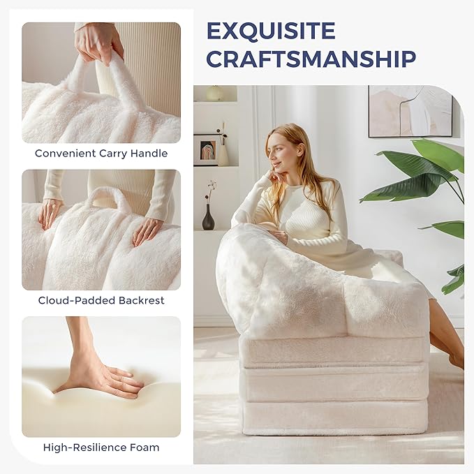 MAXYOYO Folding Sofa Bed, 2 in 1 Convertible Sofa to Lounger Comfy Loveseat Bean Bag Chair for Adults, Floor Sleeper Couch with Handle, Faux Fur Couch Bed for Living Room Bedroom, Beige, Loveseat
