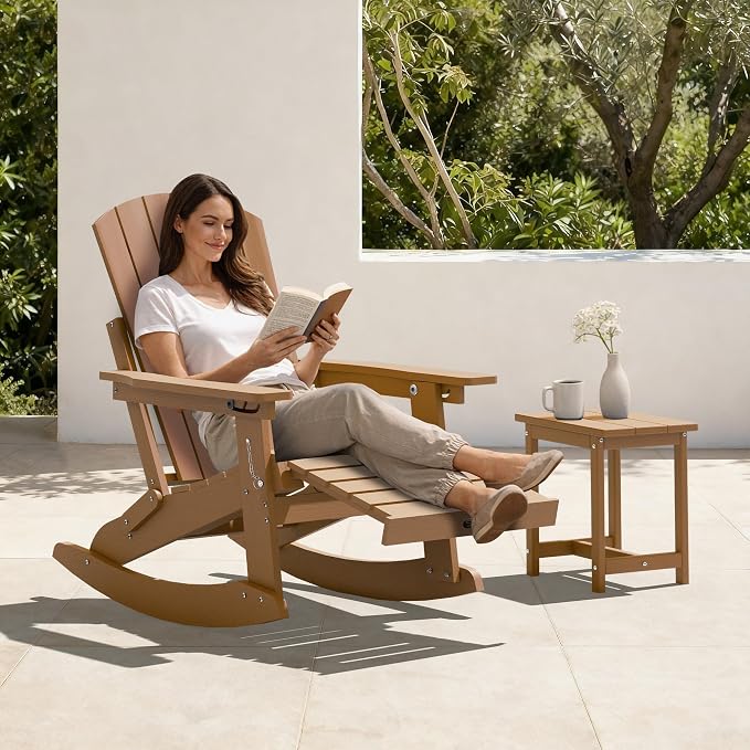 Adjustable Adirondack Rocking Chair with Retractable Ottoman Footrest, 4-in-1 Foldable HDPE Outdoor Rocker, Weather Resistant Adirondack Chair for Porch, Garden & Poolside, Teak