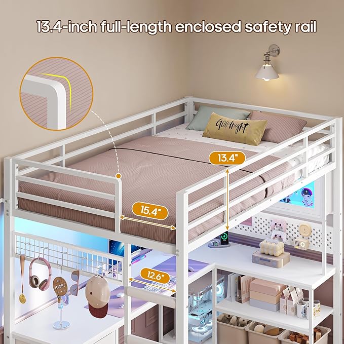 ADORNEVE Gaming Loft Bed Twin Size with L-Shaped Desk, Storage Drawers & RGB Arcylic Hutch, Expanded Safety Power Outlet, Metal LED Loft Bed Frame with Wide Ladder, for Teen Girls, White