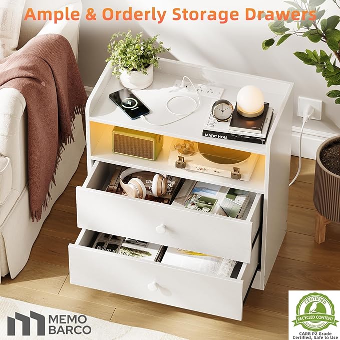 Memobarco 2 Pack Nightstand with Charging Station and LED Light, Modern Nightstand with USB Ports and Outlets, Wood Bedside Table with 2 Storage Drawers, Small Dresser for Bedroom Small Space, White