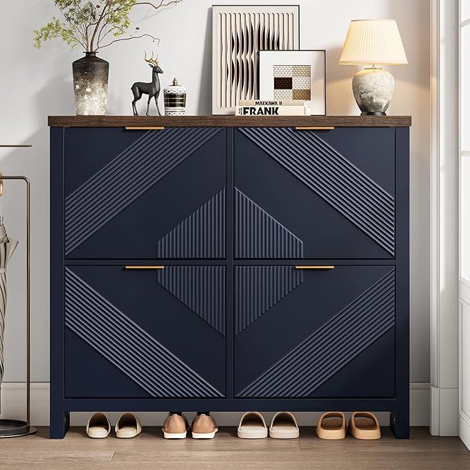 ONBRILL Shoe Cabinet with 4 Flip Drawers, 16-24 Pairs Shoe Organizer with Symmetric Groove Pattern, Freestanding Slim Hidden Shoe Storage Cabinet for Entryway, Hallway (Navy Blue)