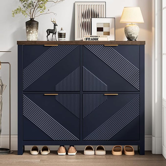 ONBRILL Shoe Cabinet with 4 Flip Drawers, 16-24 Pairs Shoe Organizer with Symmetric Groove Pattern, Freestanding Slim Hidden Shoe Storage Cabinet for Entryway, Hallway (Navy Blue)