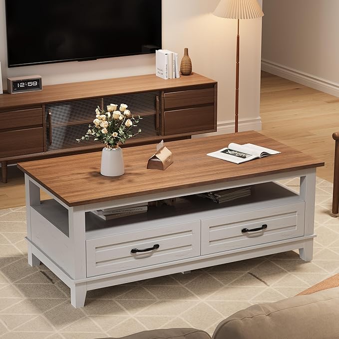 IDEALHOUSE Farmhouse Coffee Table with Drawers, 47.2” Rustic Center Table with Open Shelf and 6 Support Legs, Large Living Room Table with Storage