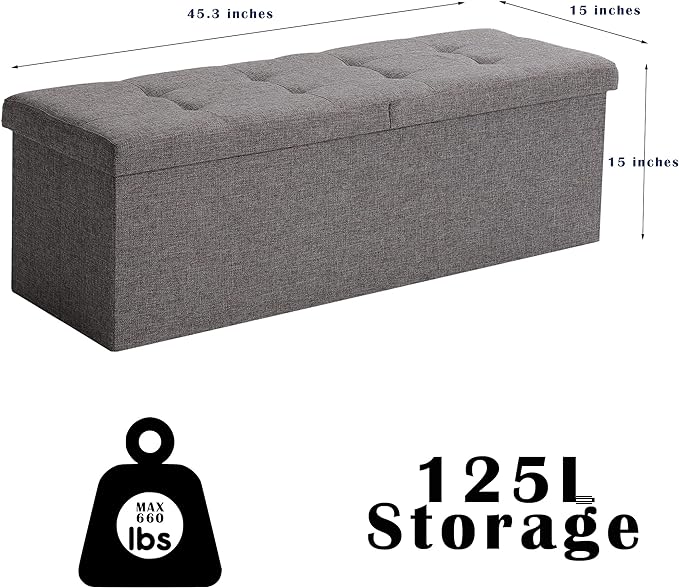 45.3 Inches Storage Ottoman Bench Foldable Seat Footrest Shoe Bench End of Bed Storage with Flipping Lid, 166L Storage Space, Linen Fabric Sandy Beige