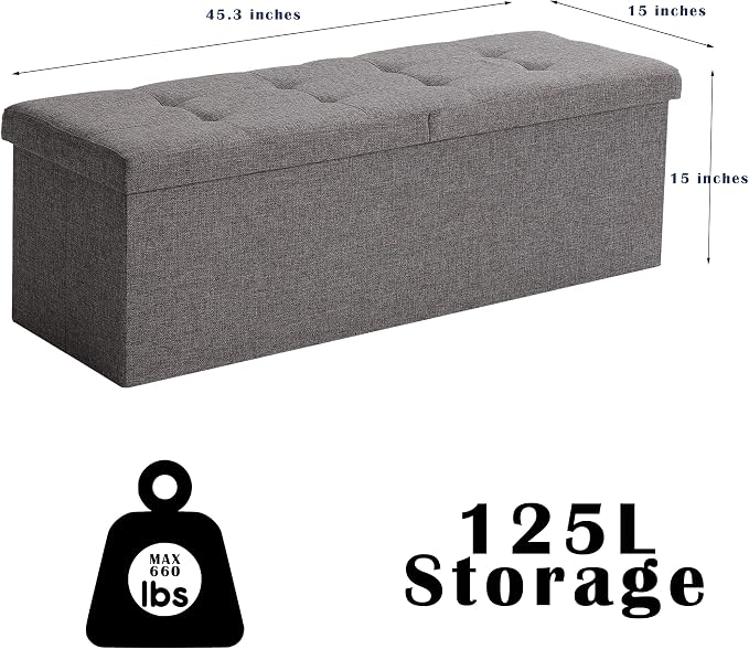 45.3 Inches Ottoman Bench With 166L Storage Space - Foldable Seat Footrest Shoe Bench for End of Bed - Flipping Lid, Linen Fabric, Navy
