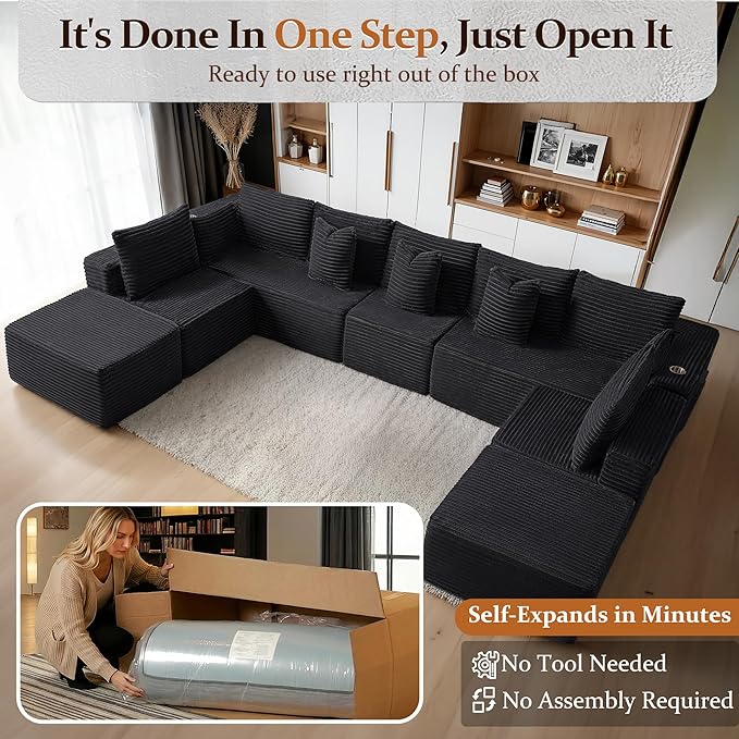 168" Cloud Sectional Couch, Comfort U Shaped Sofa for Living Room, Extra Deep Seats No Assembly, Minimalist Modular Couch, Corduroy (Black, 9 Seats,U-Shape A)