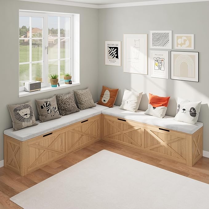 Bobve L-Shape Storage Bench with Cushion, Backless Corner Dining Bench, Kitchen Dining Nook Bench with Hidden Storage for Dining Room, Kitchen, Entryway (Wood+White)
