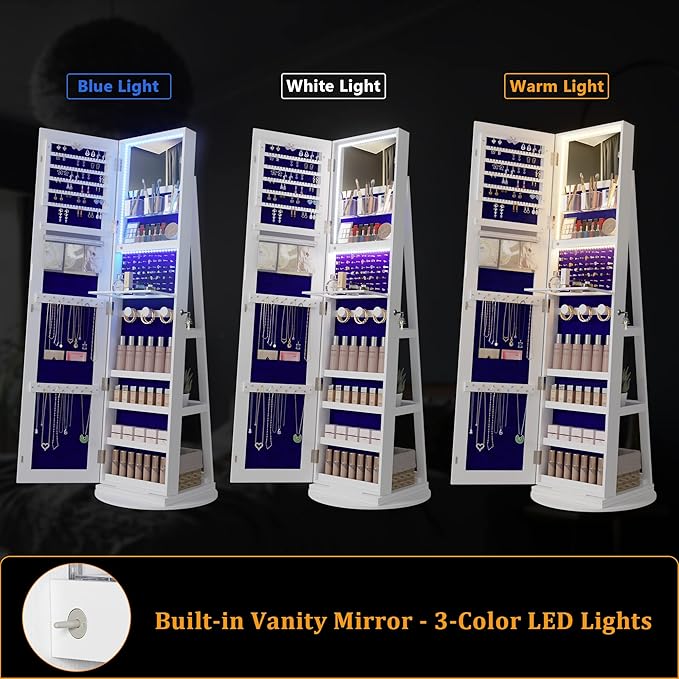 HNEBC LED Light Jewelry Organizer Mirror 360° Rotating, Jewelry Armoire with Door Mirror, Full Length Mirror Jewelry Cabinet, Mirror with Jewelry Storage, Large Jewelry Boxes & Organizers（B_White）