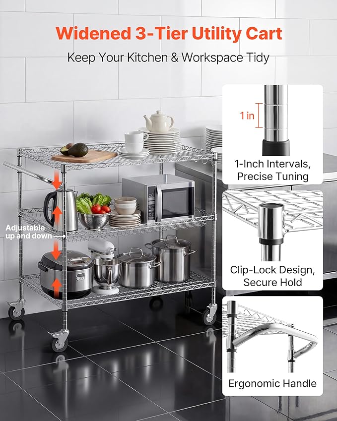 VEVOR Kitchen Utility Cart, 3 Tier Heavy Duty Adjustable Wire Storage Rack, Commercial Steel Rolling Service Trolley on Wheels, Work Table with Handle Bar, for Garage and Laundry Room, 40x25x40.9 in