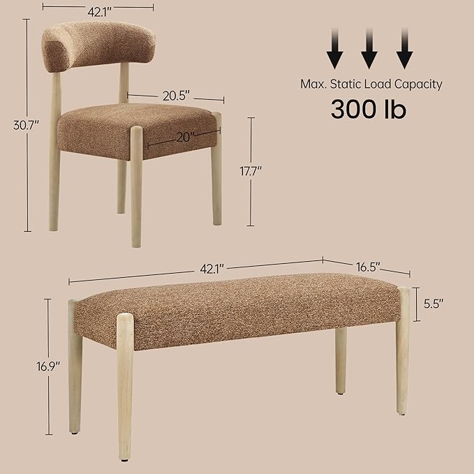 VKNOW Upholstered Dining Room Set for 6, Mid-Century Modern Dining Chairs Set of 4 and Dining Bench with Rubberwood Legs, for Dining Room, Living Room, Kitchen, Orange